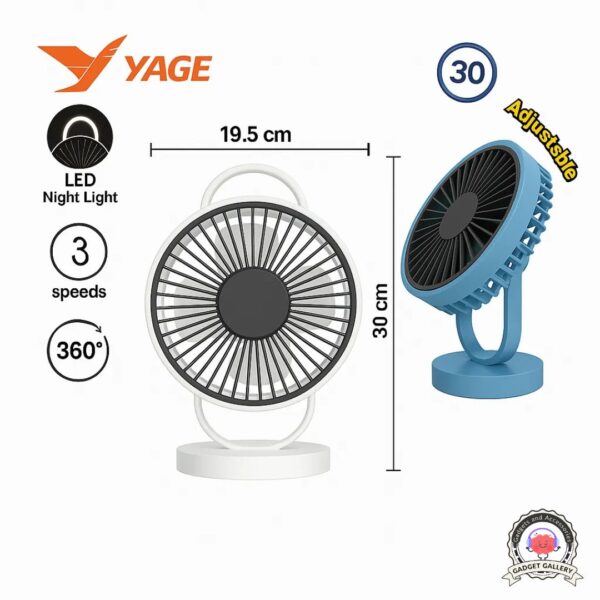 YAGE YG-7999N Rechargeable 8-Inch 360° Rotation Fan with LED Light – White Color
