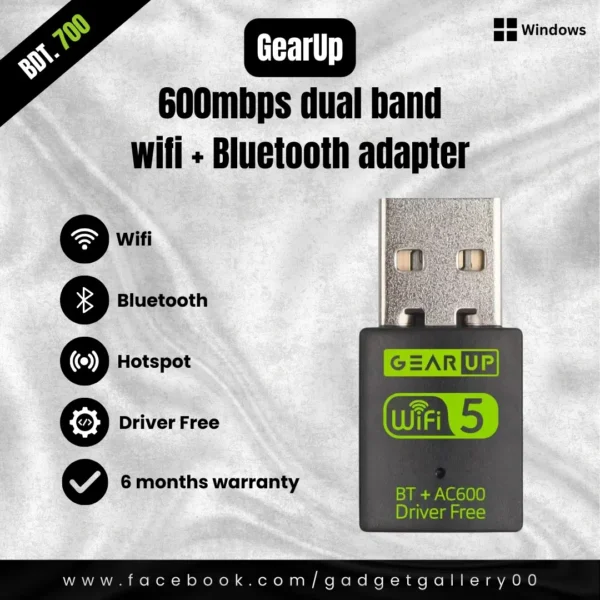 GearUP 600Mbps Dual Band WiFi Adapter + Bluetooth Adapter For Windows PC/Laptop- (Driver Free Version, WiFi Hotspot Supported, 2.4GHz + 5GHz)